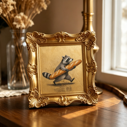 🔥 Limited-Time Offer | Whimsical Raccoon Baguette Mini Oil Painting – Vintage Gold Frame Decorative Collectible Artwork