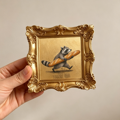 🔥 Limited-Time Offer | Whimsical Raccoon Baguette Mini Oil Painting – Vintage Gold Frame Decorative Collectible Artwork