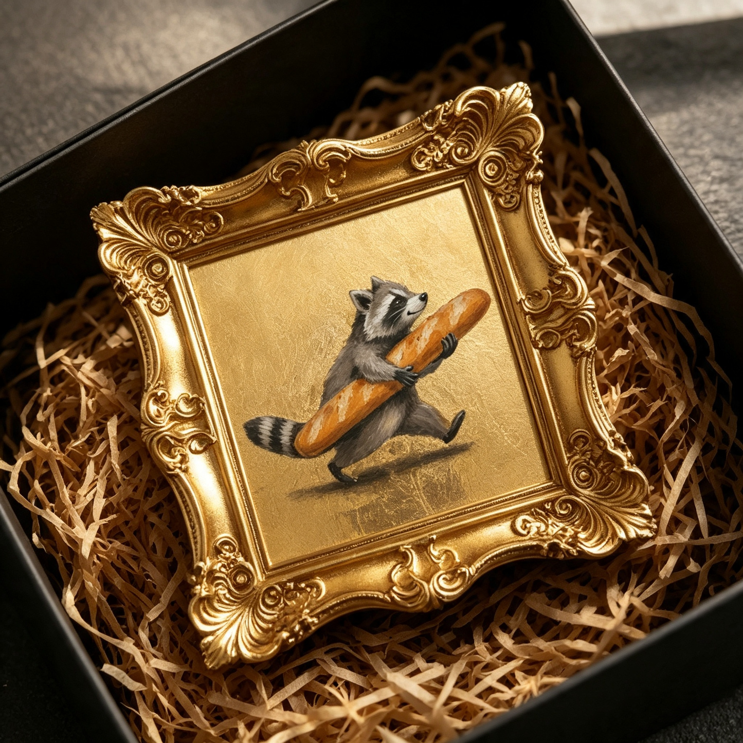 🔥 Limited-Time Offer | Whimsical Raccoon Baguette Mini Oil Painting – Vintage Gold Frame Decorative Collectible Artwork