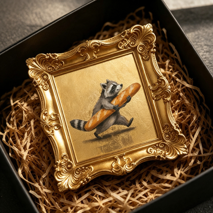🔥 Limited-Time Offer | Whimsical Raccoon Baguette Mini Oil Painting – Vintage Gold Frame Decorative Collectible Artwork