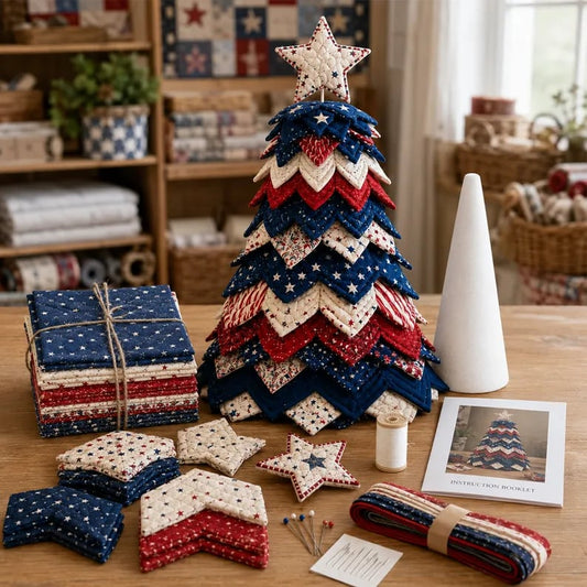 🔥 LAST DAY 49% OFF - 🎄🧵Americana Christmas Tree Quilt Kit – Easy Layered Fabric Holiday Décor for Quilting Lovers