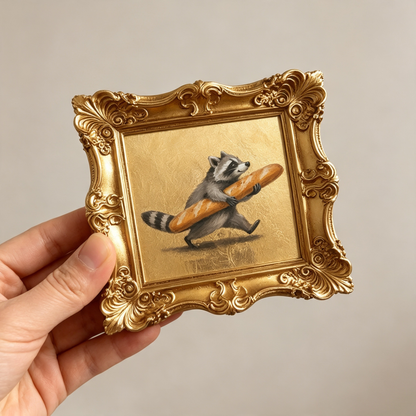 🔥 Limited-Time Offer | Whimsical Raccoon Baguette Mini Oil Painting – Vintage Gold Frame Decorative Collectible Artwork