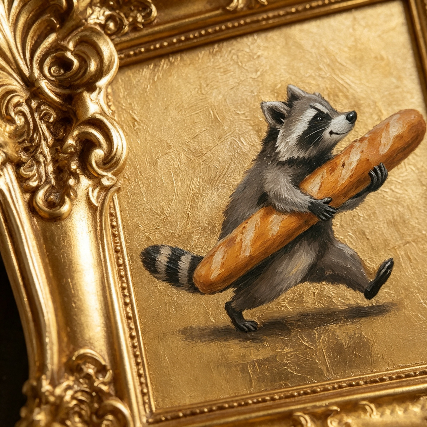 🔥 Limited-Time Offer | Whimsical Raccoon Baguette Mini Oil Painting – Vintage Gold Frame Decorative Collectible Artwork
