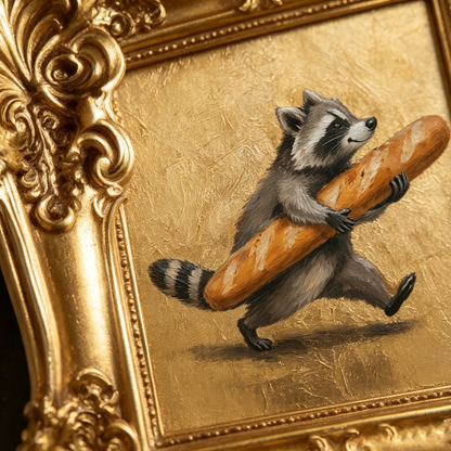 🔥 Limited-Time Offer | Whimsical Raccoon Baguette Mini Oil Painting – Vintage Gold Frame Decorative Collectible Artwork