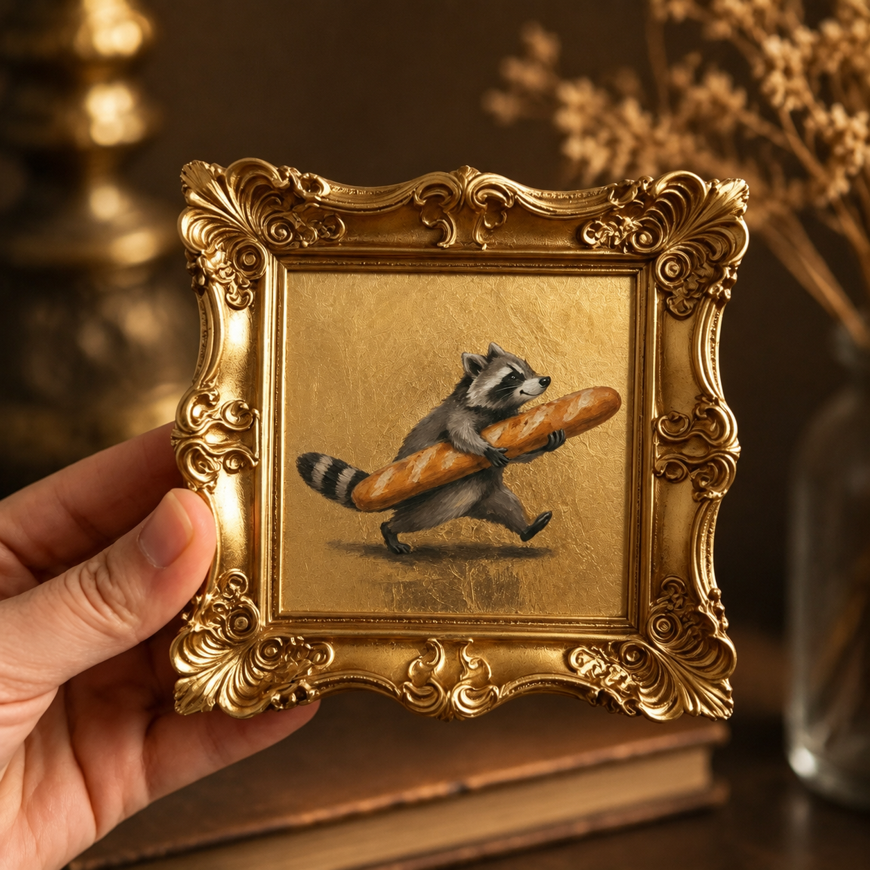 🔥 Limited-Time Offer | Whimsical Raccoon Baguette Mini Oil Painting – Vintage Gold Frame Decorative Collectible Artwork
