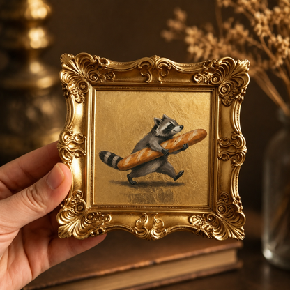 🔥 Limited-Time Offer | Whimsical Raccoon Baguette Mini Oil Painting – Vintage Gold Frame Decorative Collectible Artwork