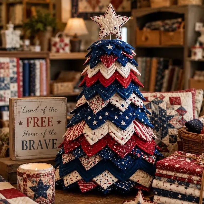 🔥 LAST DAY 49% OFF - 🎄🧵Americana Christmas Tree Quilt Kit – Easy Layered Fabric Holiday Décor for Quilting Lovers