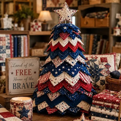 🔥 LAST DAY 49% OFF - 🎄🧵Americana Christmas Tree Quilt Kit – Easy Layered Fabric Holiday Décor for Quilting Lovers