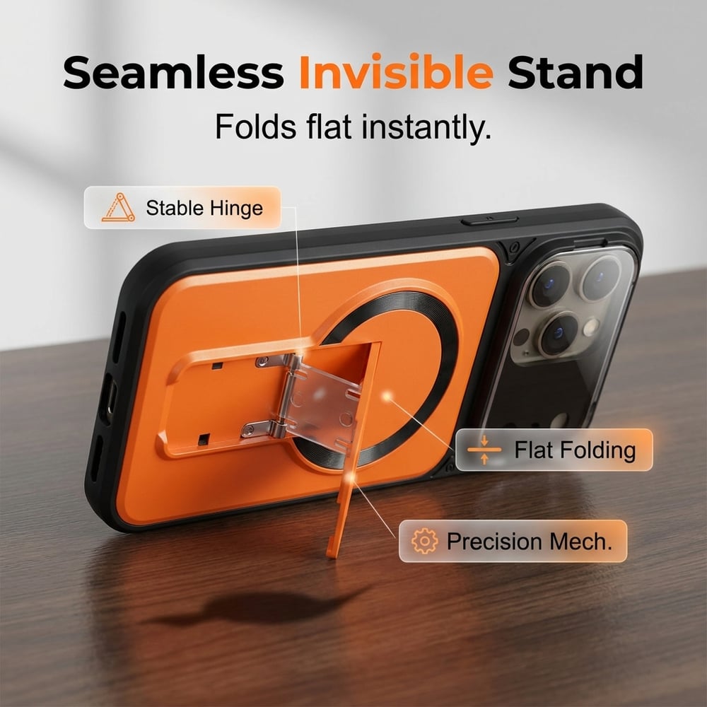 MagSafe Magnetic Case with Camera Lens Cover & Invisible Stand for iPhone