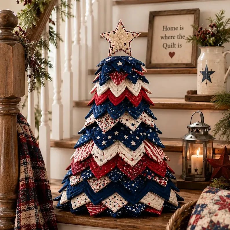 🔥 LAST DAY 49% OFF - 🎄🧵Americana Christmas Tree Quilt Kit – Easy Layered Fabric Holiday Décor for Quilting Lovers