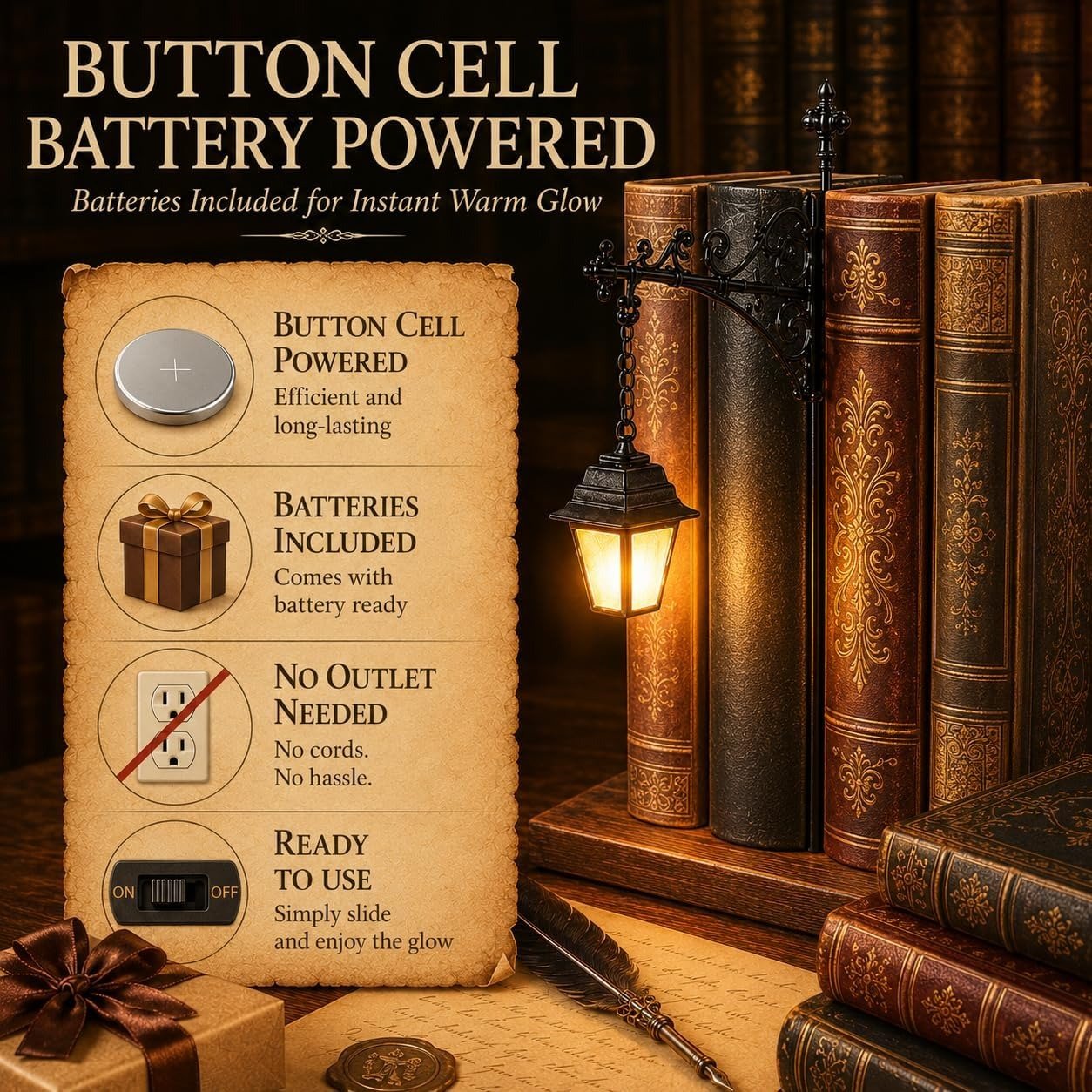 Vintage Library Lantern Bookshelf Lamp – Warm LED Book Nook Light