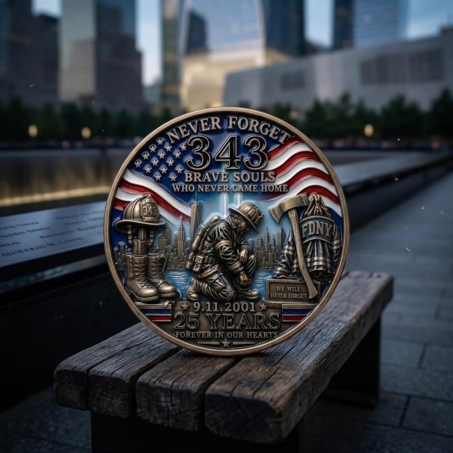 9/11 Tribute Firefighter Challenge Coin, 343 Never Forget 25th Anniversary Coin, FDNY Commemorative Memorial Gift, Patriot Day Keepsake